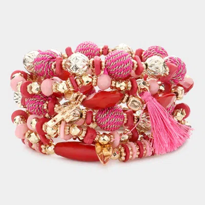 Fashnzfab 7pcs - Wood Faceted Beads Thread Wrapped Ball Wrapped Tassel Arrow Ammonite Cross Charm Stretch Mult In Red