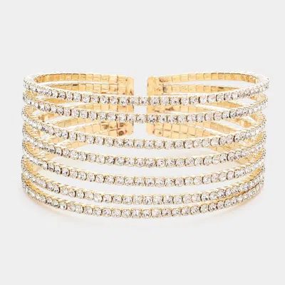 Fashnzfab 7rows Split Layered Rhinestone Cuff Bracelet Gold