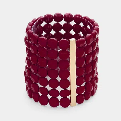 Fashnzfab 7rows Wide Faceted Round Beaded Stretch Bracelet Burgundy In White