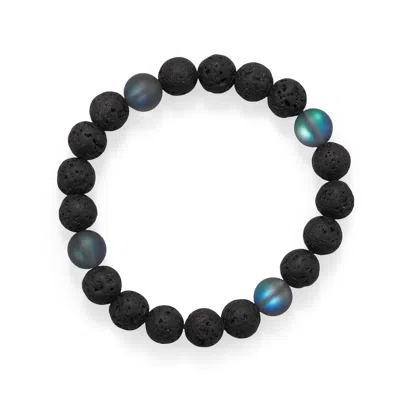 Fashnzfab 8" Black Lava And Glass Bead Stretch Bracelet In Pink
