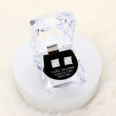 Fashnzfab 8mm Square Crystal Cubic Zirconia Cz Stud Earrings With Clear Box In Silver