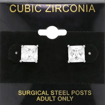 Fashnzfab 8mm Square Cz Stud Earrings In Silver