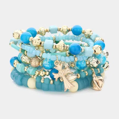 Fashnzfab 8pcs - Angel Heart Cross Charm Faceted Beaded Stretch Multi Layered Bracelets In Blue