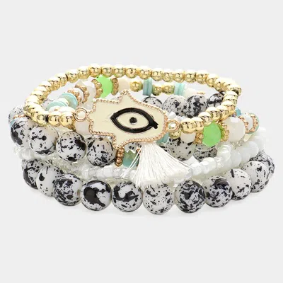 Fashnzfab 8pcs - Eveil Eye Hamsa Hand Pointed Tassel Charm Various Beads Beaded Stretch Multi Layered Bracelet In White
