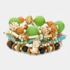 Fashnzfab 8pcs - Metal Owl Hand Charm Multi Beads Stretch Layered Bracelets In Green