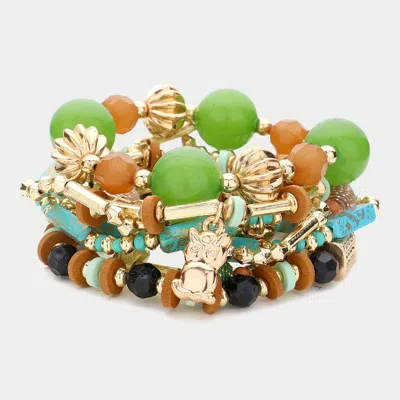 Fashnzfab 8pcs - Metal Owl Hand Charm Multi Beads Stretch Layered Bracelets In Green