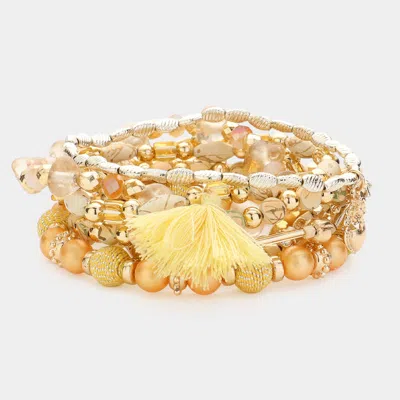 Fashnzfab 8pcs - Metal Shell Heart Tassel Charm Multi Beads Beaded Layered Bracelets