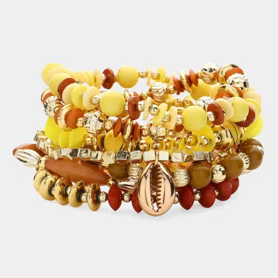 Fashnzfab 8pcs - Metal Tree Of Life Dolphin Puka Shell Charm Pointed Various Beads Beaded Stretch Multi Layere In Orange