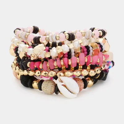 Fashnzfab 8pcs - Shell Metal Heart Charm Multi Beads Beaded Layered Bracelets In Pink