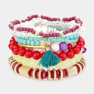 Fashnzfab 8pcs - Tassel Charm Multi Beaded Stretch Bracelets