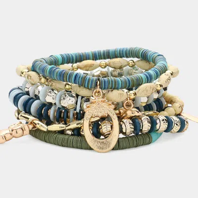 Fashnzfab 8pcs - Metal Owl Dolphin Pineapple Leaf Charm Pointed Heishi Faceted Beaded Stretch Multi Layered Br