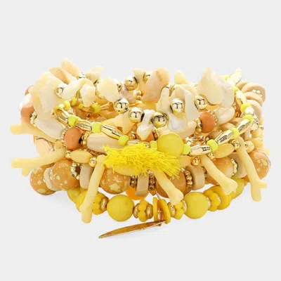 Fashnzfab 8pcs - Wood Multi Beaded Metal Leaf Tassel Charm Stretch Multi Layered Bracelets Yellow In Gold