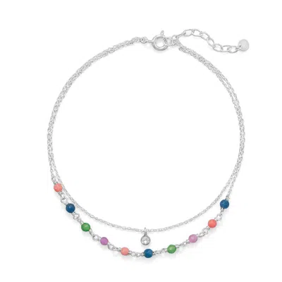Fashnzfab 9" + 1" Multi Color Jade And Cz Double Strand Anklet In Orange