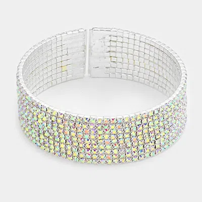 Fashnzfab 9-row Split Rhinestone Open Bracelet Ab, Silver In Multi