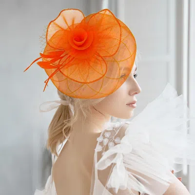 Fashnzfab 9" X 9" Feather Mesh Flower Fascinator / Headband In Orange