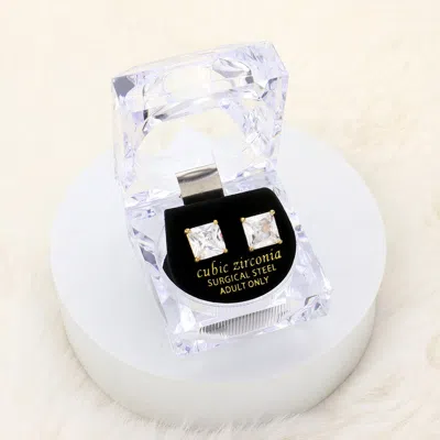 Fashnzfab 9mm Square Crystal Cubic Zirconia Cz Stud Earrings With Clear Box In Gold