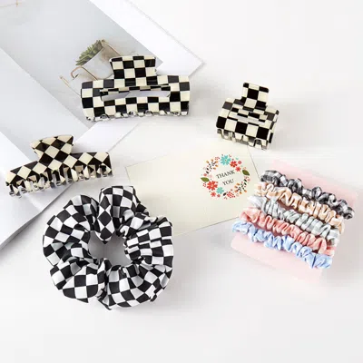 Fashnzfab 9pcs - Cellulose Acetate Checkered Hair Claw Clips Stretchable Fabric Hairbands Set In Black