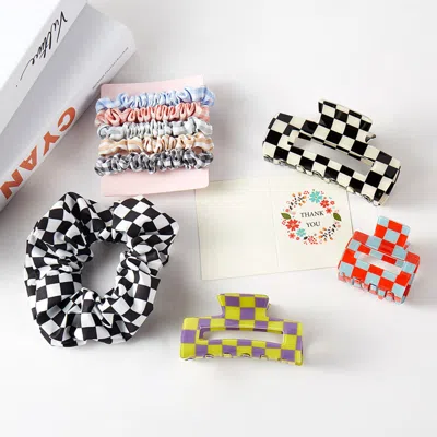 Fashnzfab 9pcs - Cellulose Acetate Checkered Square Hair Claw Clips Stretchable Fabric Hairbands Set In Black