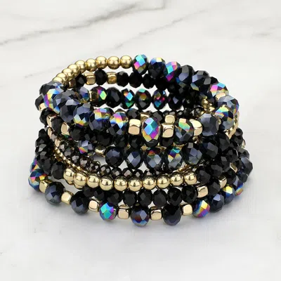 Fashnzfab 9pcs - Faceted Beaded Stretch Multi Layered Bracelets In Black