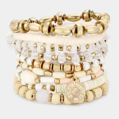 Fashnzfab 9pcs - Metal Coin Charm Wood Multi Beaded Stretch Bracelets