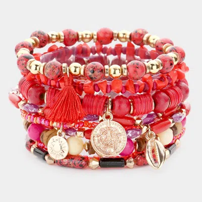 Fashnzfab 9pcs - Metal Coin Puka Shell Charm Multi Beaded Stretch Bracelets In Red