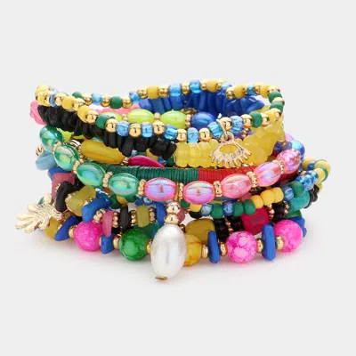 Fashnzfab 9pcs - Metal Flower Shell Pearl Charm Multi Beads Beaded Layered Bracelets Multi