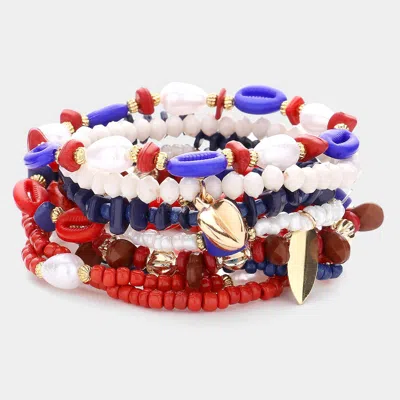 Fashnzfab 9pcs - Metal Moon Sun Shell Charm Evil Eye Pointed Various Beads Beaded Stretch Multi Layered Bracel