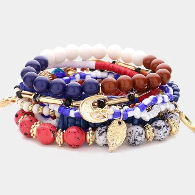 Fashnzfab 9pcs - Metal Owl Crescent Leaf Lock Charm Pointed Various Beads Beaded Stretch Multi Layered Bracele