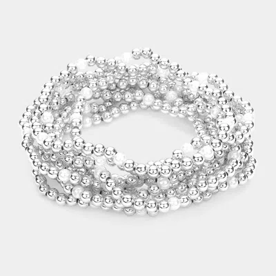 Fashnzfab 9pcs - Pearl Metal Ball Beaded Stretch Multi Layered Bracelets Rhodium In Metallic