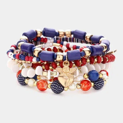 Fashnzfab 9pcs - Shell Metal Evil Eye Heart Charm Pointed Various Beads Beaded Stretch Multi Layered Bracelet