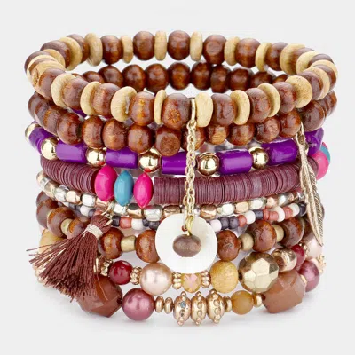 Fashnzfab 9pcs - Tassel Metal Feather Mother Of Pearl Charm Wood Beaded Stretch Bracelets In Purple