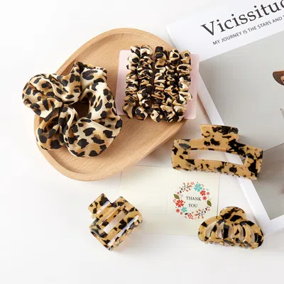 Fashnzfab 9pcs - Tortoise Hair Claw Clips Stretchable Fabric Hairbands Set In Brown