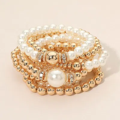 Fashnzfab 9pcs - Pearl Metal Ball Beaded Stretch Multi Layered Bracelets