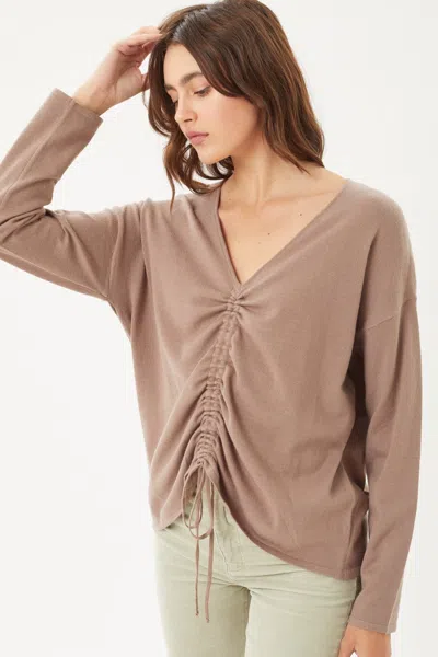 Fashnzfab A V-neckline Drawstring Ruched Top In Brown