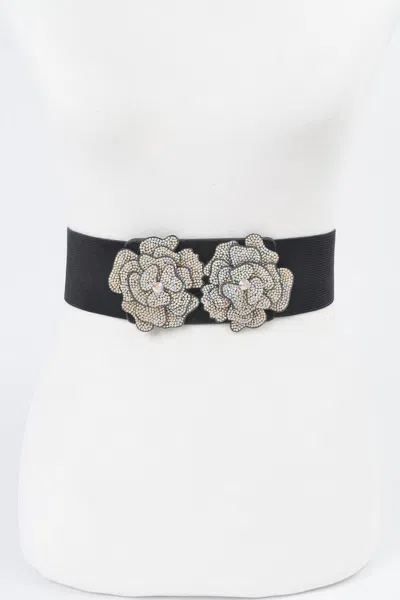Fashnzfab Ab Stone Flower Elastic Belt In Black