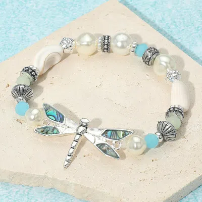Fashnzfab Abalone Antique Metal Dragonfly Pearl Beaded Stretch Bracelet In Multi