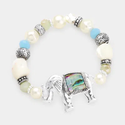 Fashnzfab Abalone Antique Sliver Elephant Pearl Multi Beaded Stretch Bracelet Abalone, Antique Silver In Blue