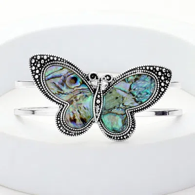Fashnzfab Abalone Butterfly Antique Metal Hinged Bracelet In Green