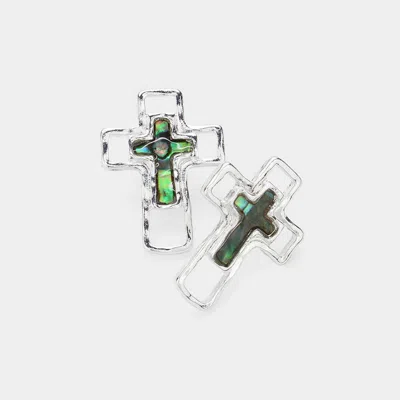 Fashnzfab Abalone Cross Pointed Stud Earrings In Green