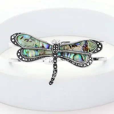Fashnzfab Abalone Dragonfly Antique Metal Hinged Bracelet In Green