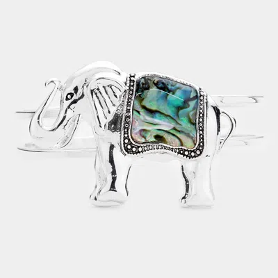 Fashnzfab Abalone Elephant Antique Silver Hinged Bracelet In Multi