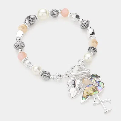 Fashnzfab Abalone Flamingo Tropical Leaf Charm Beaded Stretch Toggle Bracelet Abalone In Multi
