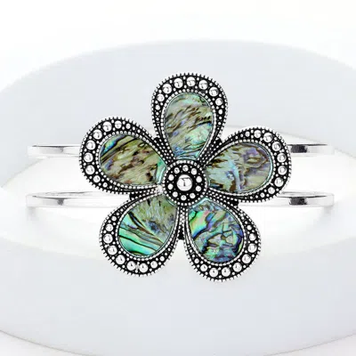 Fashnzfab Abalone Flower Antique Metal Hinged Bracelet - Abalone, Antique Silver In Green