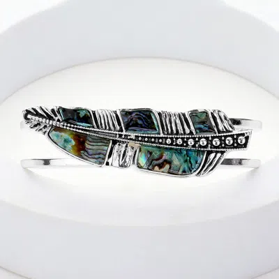 Fashnzfab Abalone Leaf Antique Metal Hinged Bracelet - Abalone, Antique Silver In Green