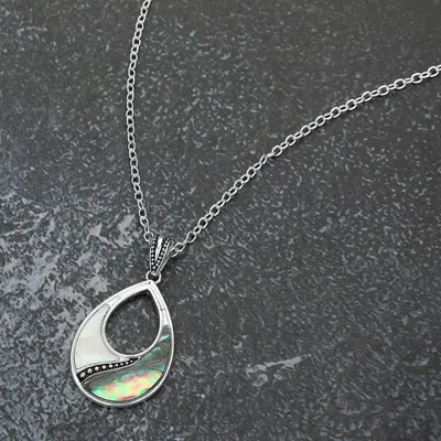 Fashnzfab Abalone Mother Of Pearl Open Teardrop Pendant Necklace In Silver