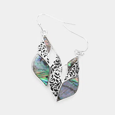 Fashnzfab Abalone Pointed Embossed Metal Leaf Dangle Earrings - Abalone In Metallic