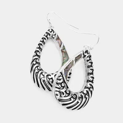 Fashnzfab Abalone Pointed Embossed Open Metal Teardrop Dangle Earrings In Silver