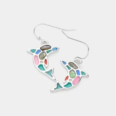 Fashnzfab Abalone Pointed Enamel Dolphin Dangle Earrings In Pink