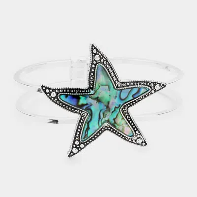 Fashnzfab Abalone Starfish Antique Metal Hinged Bracelet Abalone, Antique Silver In Blue