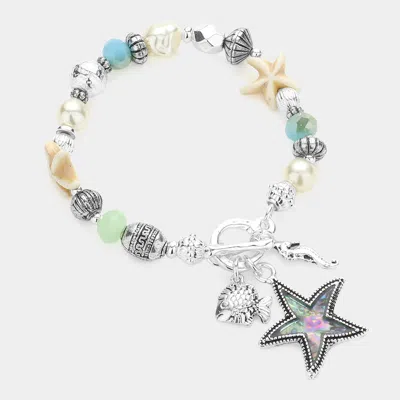 Fashnzfab Abalone Starfish Metal Fish Seahorse Charm Pearl Beaded Stretch Toggle Bracelet Abalone In Multi